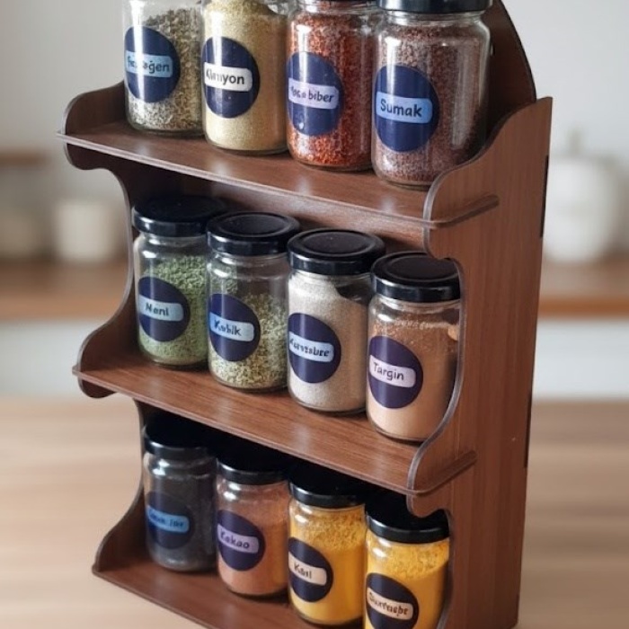 12li Meşe Rengi Mdf Standlı Dekoratif Baharatlık Seti - Baharatlık Takımı