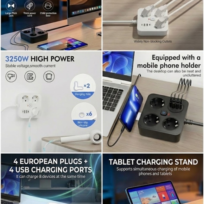 ® Yeni Ürün AKIM KORUMALI Avrupa Soket Kartı Tip-C Usb 2 m Uzatma Kablosu Emniyet Anahtarı ile