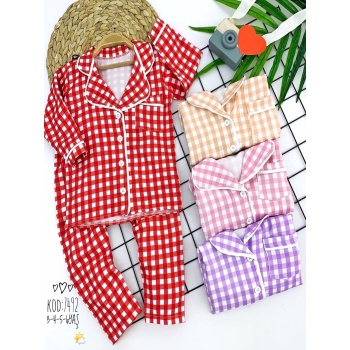 Düğme Kapamalı Piti Ekose Desenli 2li Kız Erkek Çocuk Pijama Takımı