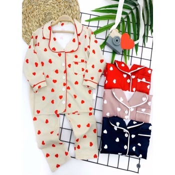 Kalp Baskılı Düğme Kapamalı 2li Kız Çocuk Pijama Takımı