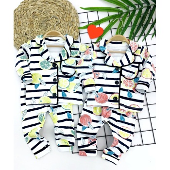 Çizgili Meyve Desenli Düğme Kapamalı 2li Kız Erkek Bebek Pijama Takımı