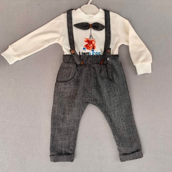 Papyonlu Sweat Kot Pantolon 2li Erkek Bebek Salopet Takımı