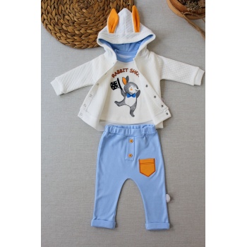 Rabbit Şhow Nakışlı Kapşonlu Ceket Uzun Kollu Sweat Erkek Bebek 3lü Takım