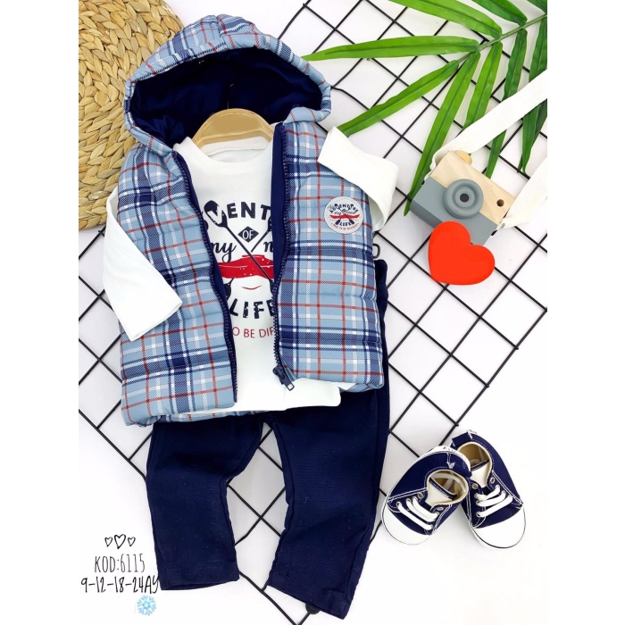 Şişme Kapşonlu Yelek Denim Pantolon Baskılı Uzun Kollu Sweat 3lü Erkek Bebek Takımı