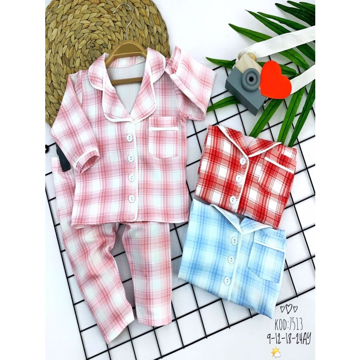 Düğme Kapamalı Ekose Desenli 2li Kız Erkek Bebek Pijama Takımı