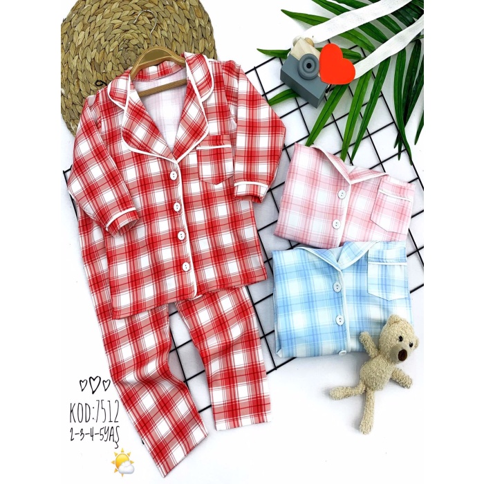 Düğme Kapamalı Ekose Desenli 2li Kız Erkek Çocuk Pijama Takımı