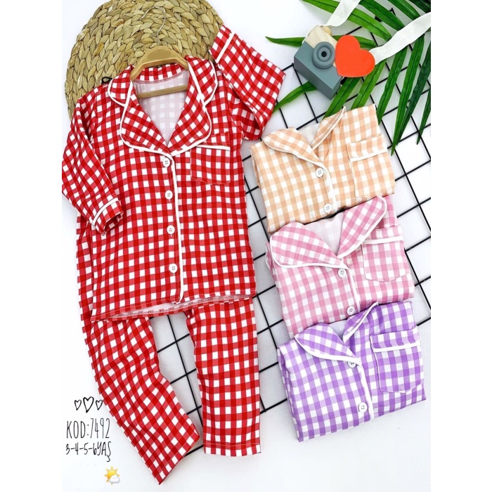 Düğme Kapamalı Piti Ekose Desenli 2li Kız Erkek Çocuk Pijama Takımı