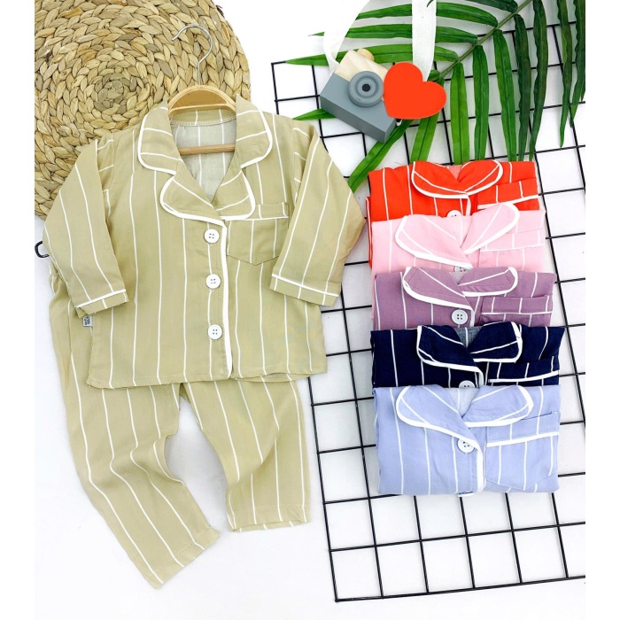 Çizgili Düğme Kapamalı 2li Kız Erkek Bebek Pijama Takımı