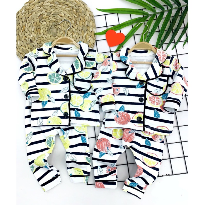 Çizgili Meyve Desenli Düğme Kapamalı 2li Kız Erkek Bebek Pijama Takımı