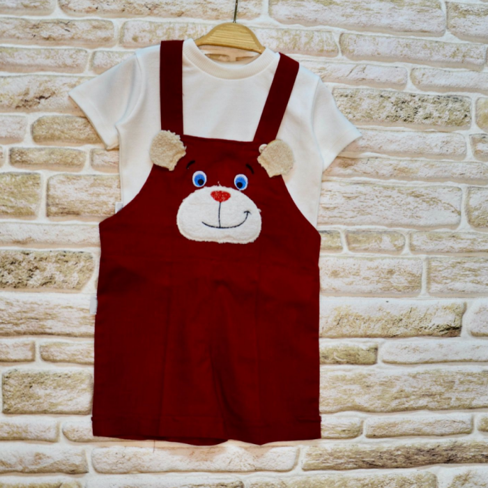 Keten Kumaş Tişörtlü Ayıcık Nakışlı Şort 2li Kız Erkek Bebek Salopet Takımı
