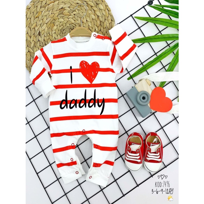 Kırmızı Çizgili I Love Daddy Baskılı Uzun Kollu Kız Erkek Bebek Tulumu