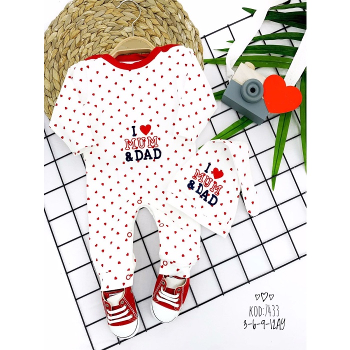 Kuyruklu Şapkalı Piti Kalp I Love Mum&dad Baskılı Uzun Kollu Kız Erkek Bebek Tulumu
