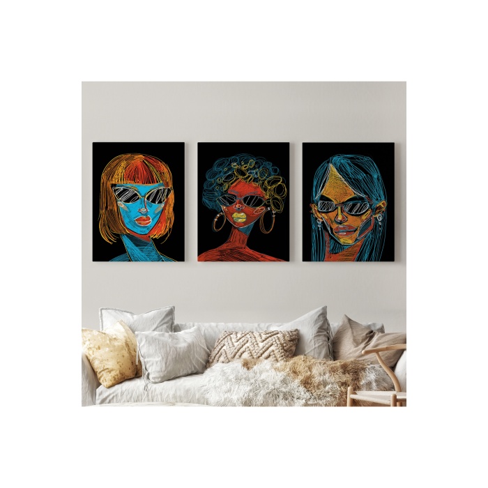 Renkli Pop Art Kadınlar Dekoratif Duvar Tablosu Üçlü Set-eu-120
