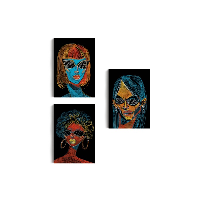 Renkli Pop Art Kadınlar Dekoratif Duvar Tablosu Üçlü Set-eu-120