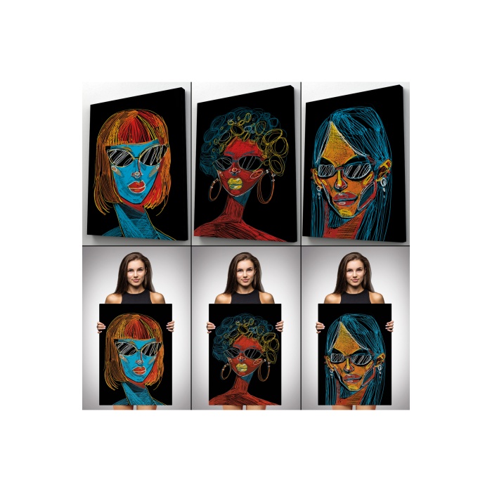 Renkli Pop Art Kadınlar Dekoratif Duvar Tablosu Üçlü Set-eu-120
