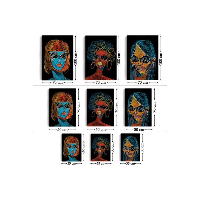 Renkli Pop Art Kadınlar Dekoratif Duvar Tablosu Üçlü Set-eu-120