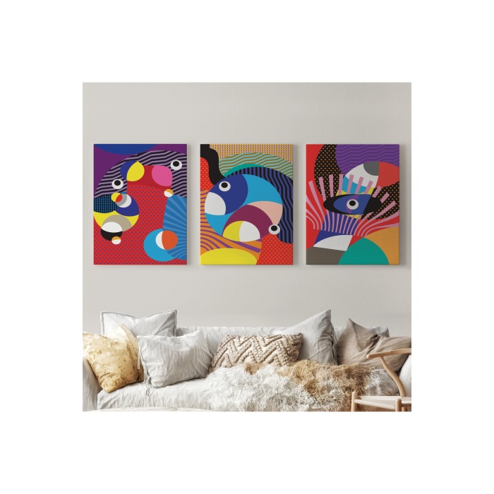 Renkli Geometrik Desenli Pop Art 3 Lü Kanvas Duvar Tablo Seti-ao-14