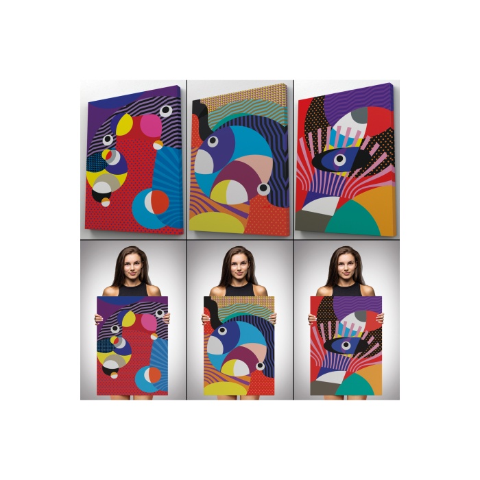 Renkli Geometrik Desenli Pop Art 3 Lü Kanvas Duvar Tablo Seti-ao-14