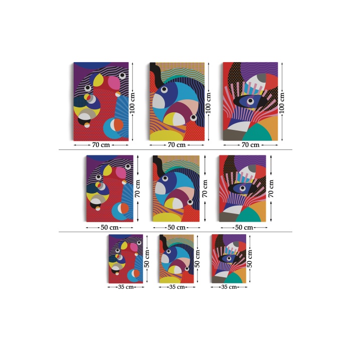 Renkli Geometrik Desenli Pop Art 3 Lü Kanvas Duvar Tablo Seti-ao-14