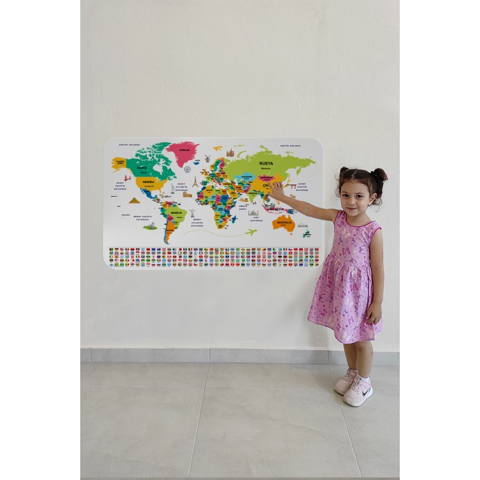 Türkçe Ülke Bayrak Lı Eğitici Başkent Detaylı Atlası Dünya Haritası Duvar Sticker 3860