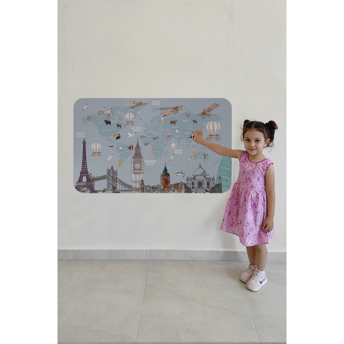 Eğitici Dünya Haritası Dünya Atlası Çocuk Ve Bebek Odası Duvar Sticker 3820