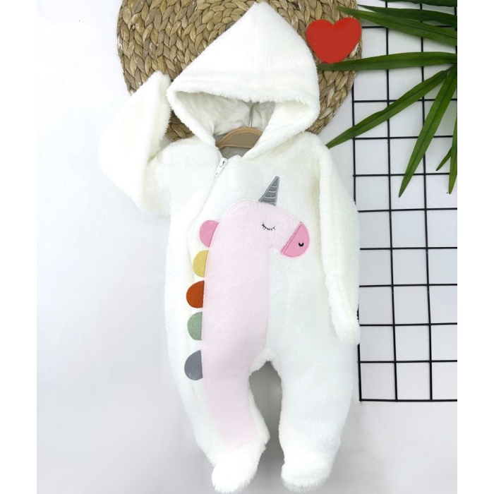 Kuzu Tüylü Kumaş Unicorn Nakışlı Kapşonlu Fermuarlı Kız Erkek Bebek Tulumu