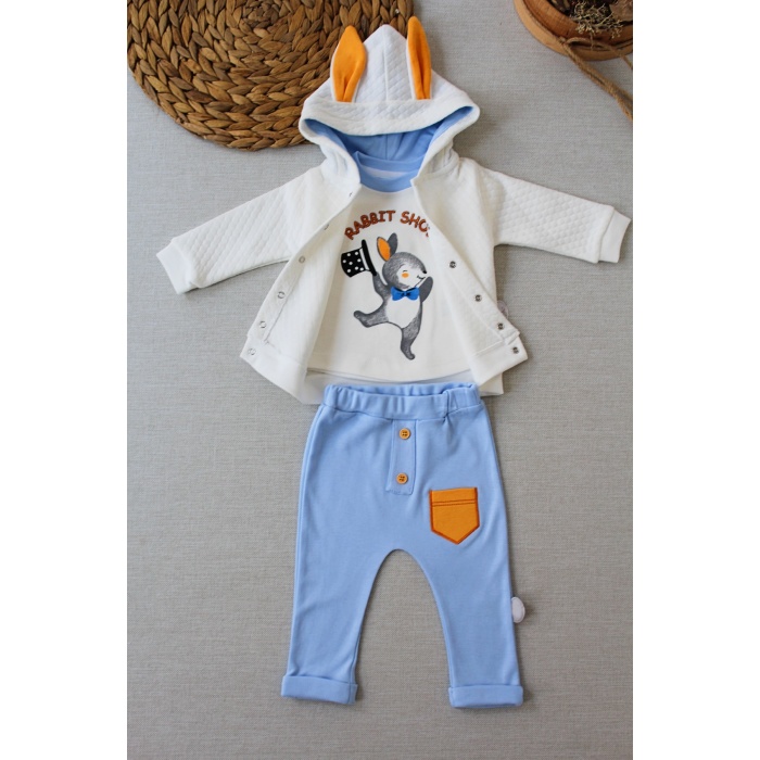 Rabbit Şhow Nakışlı Kapşonlu Ceket Uzun Kollu Sweat Erkek Bebek 3lü Takım