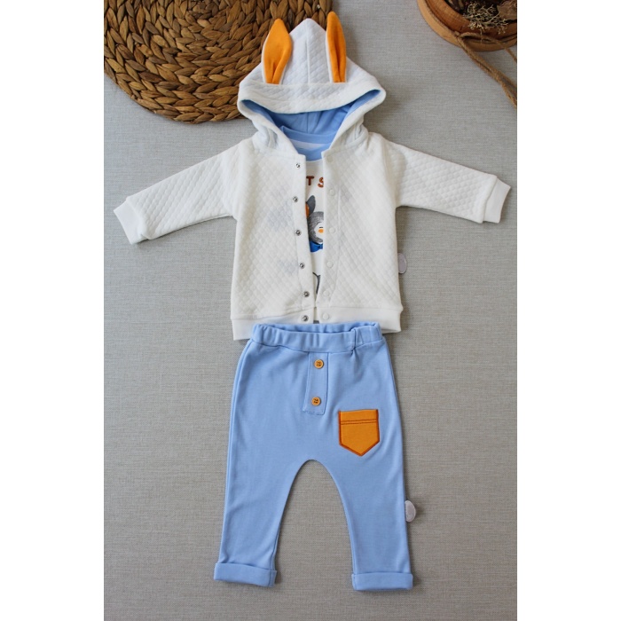 Rabbit Şhow Nakışlı Kapşonlu Ceket Uzun Kollu Sweat Erkek Bebek 3lü Takım