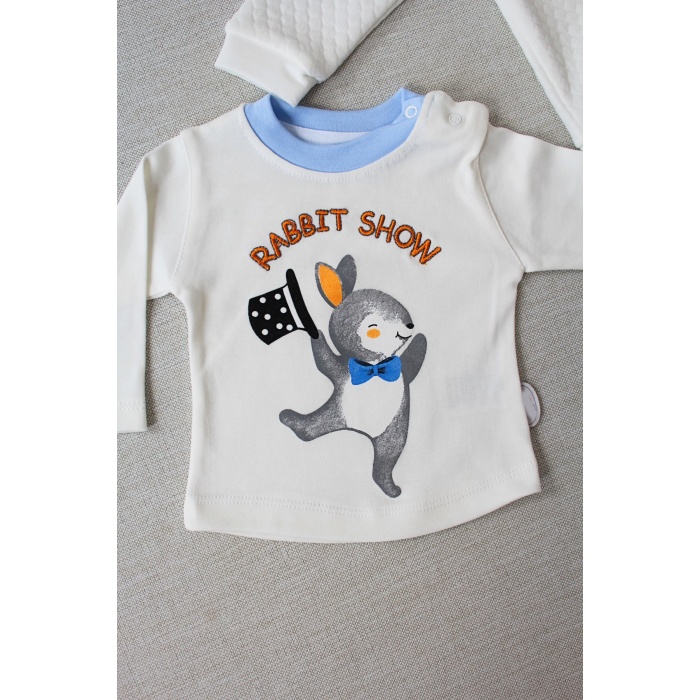 Rabbit Şhow Nakışlı Kapşonlu Ceket Uzun Kollu Sweat Erkek Bebek 3lü Takım