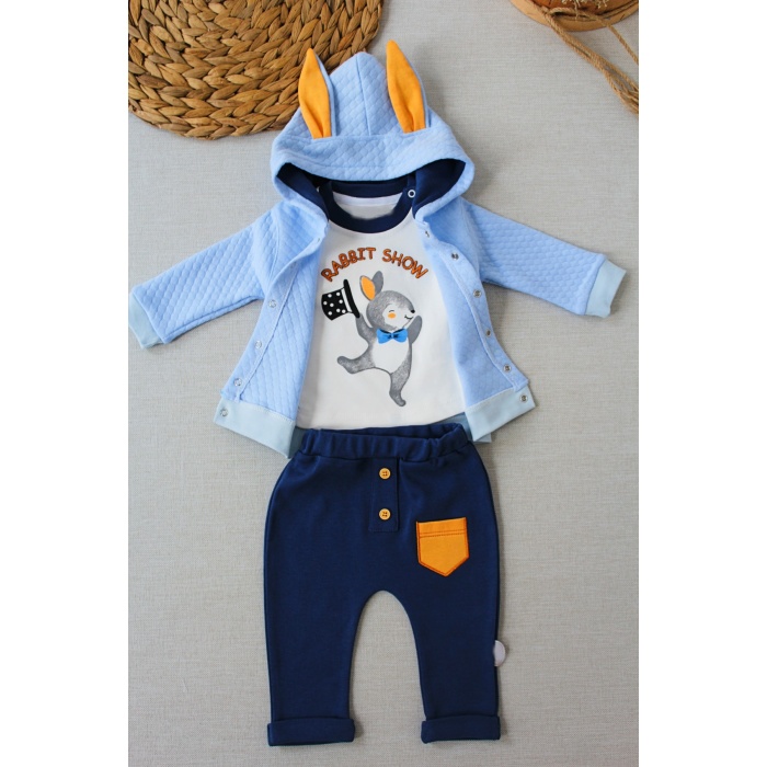 Rabbit Şhow Nakışlı Kapşonlu Ceket Uzun Kollu Sweat Erkek Bebek 3lü Takım