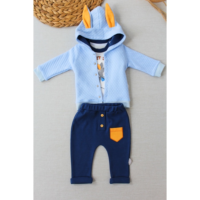 Rabbit Şhow Nakışlı Kapşonlu Ceket Uzun Kollu Sweat Erkek Bebek 3lü Takım