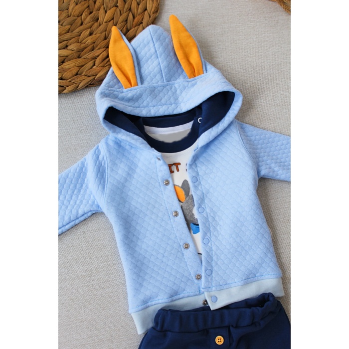 Rabbit Şhow Nakışlı Kapşonlu Ceket Uzun Kollu Sweat Erkek Bebek 3lü Takım