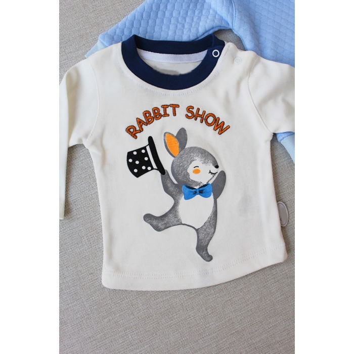 Rabbit Şhow Nakışlı Kapşonlu Ceket Uzun Kollu Sweat Erkek Bebek 3lü Takım