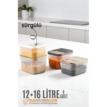 Turk Erzak Bakliyat Kutusu Sürgülü Kapak Saklama Kabı 12 ve 16 Litre 4 lü