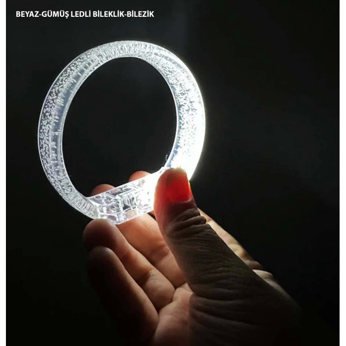 Beyaz-gümüş Led Işıklı Baskı Yapılabilen Pilli Bileklik Bilezik 1,5 Cm Genişlik