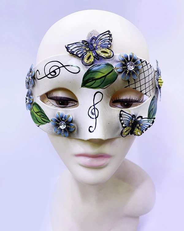 Butterfly And Flower Embroidered Venetian Mask Black Color 10x18 Cm