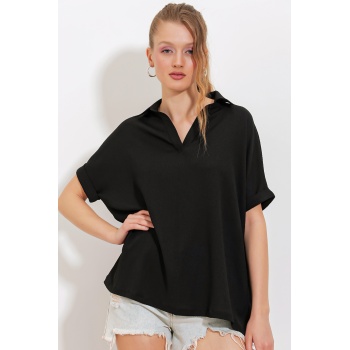 Kadın Siyah Oversize Polo Yaka Örme Bluz 0486