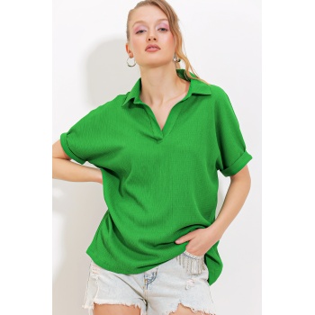 Kadın Yeşil Oversize Polo Yaka Örme Bluz 0486