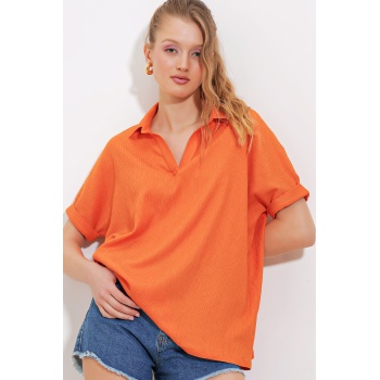 Kadın Turuncu Oversize Polo Yaka Örme Bluz 0486