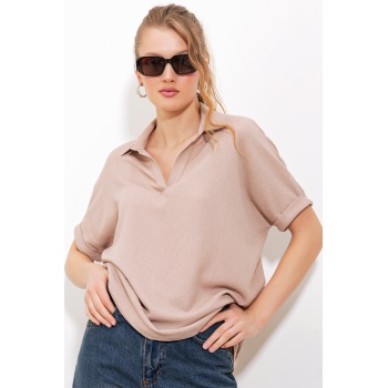 Kadın Bisküvi Oversize Polo Yaka Örme Bluz 0486