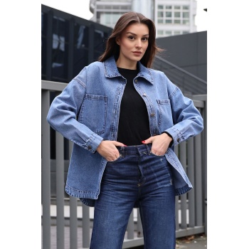 0694 Çift Cepli Oversize Denim Ceket - Lacivert