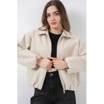 Kadın Büzgülü Oversize Kaşe Ceket 0728 - Ekru