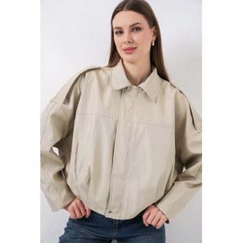Kadın Oversize Kısa Ceket 0732 - Taş