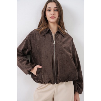 Kadın Büzgülü Oversize Kadife Ceket 0733 - Kahverengi