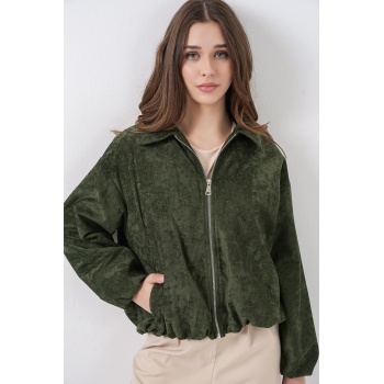 Kadın Büzgülü Oversize Kadife Ceket 0733 - Haki