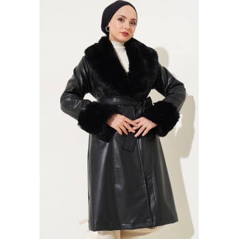 1026 Yaka Kürklü Kemerli Suni Deri Mont