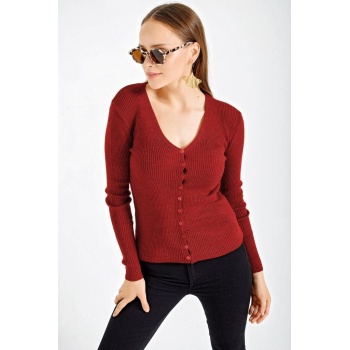 10297 Düğmeli Triko Hırka - Bordo
