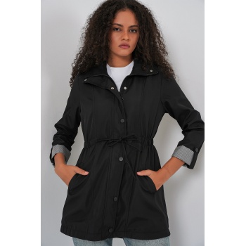 10322 Beli Büzgülü Trençkot - Siyah