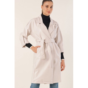 1034 Kuşaklı Suni Deri Trençkot - Ekru