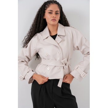 Kadın Kemerli Suni Deri Ceket 1046 - Ekru